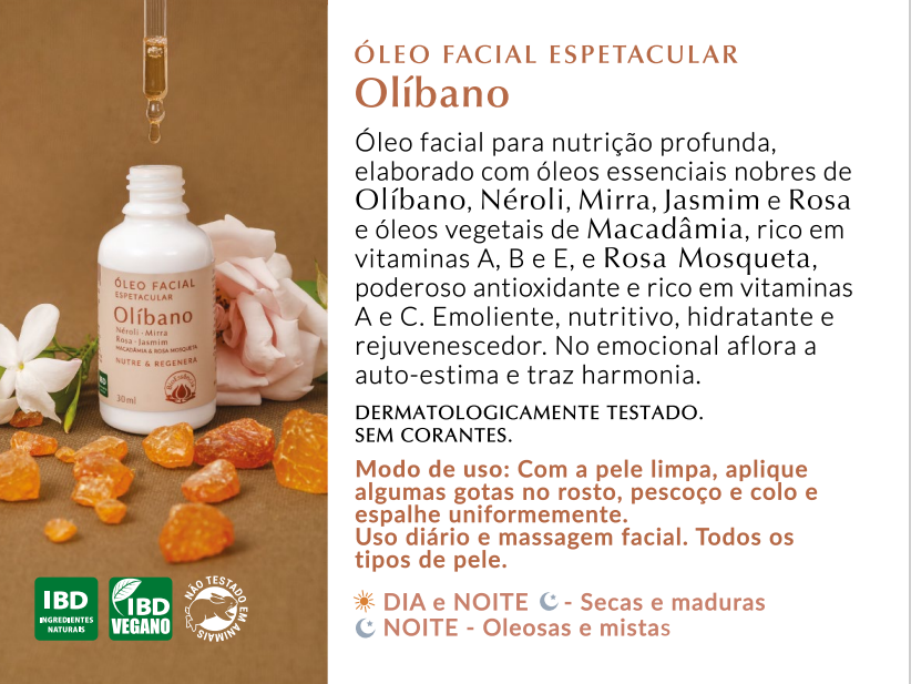 Óleo facial já diluído e pronto para uso. Óleo Facial espetacular Olíbano - BioEssência. 